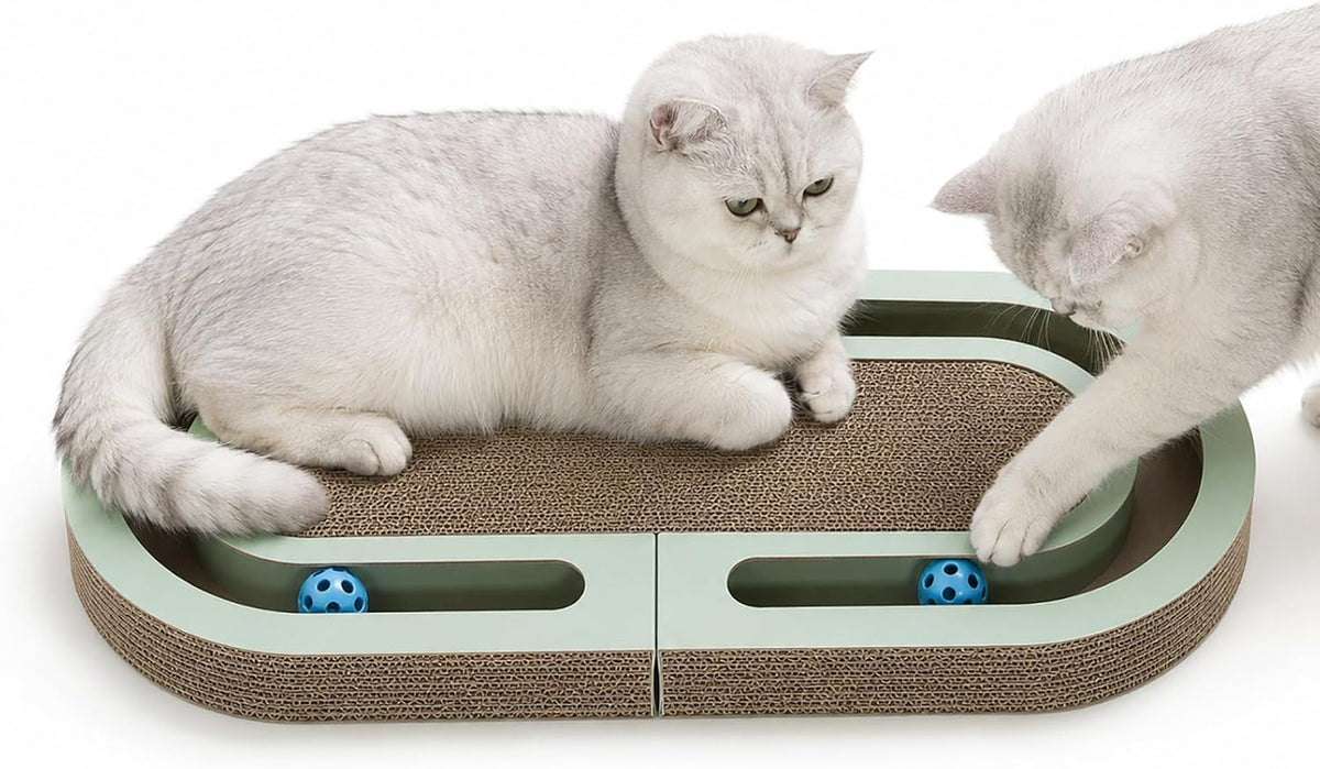 Interactive Cat Scratcher Lounge for Indoor Cats, 26" Large Foldable Cat Scratcher with Ball Track, Double-Sided Corrugated Cat Scratch Pad Bed for Scratching, Playing, Lounging & Relaxing