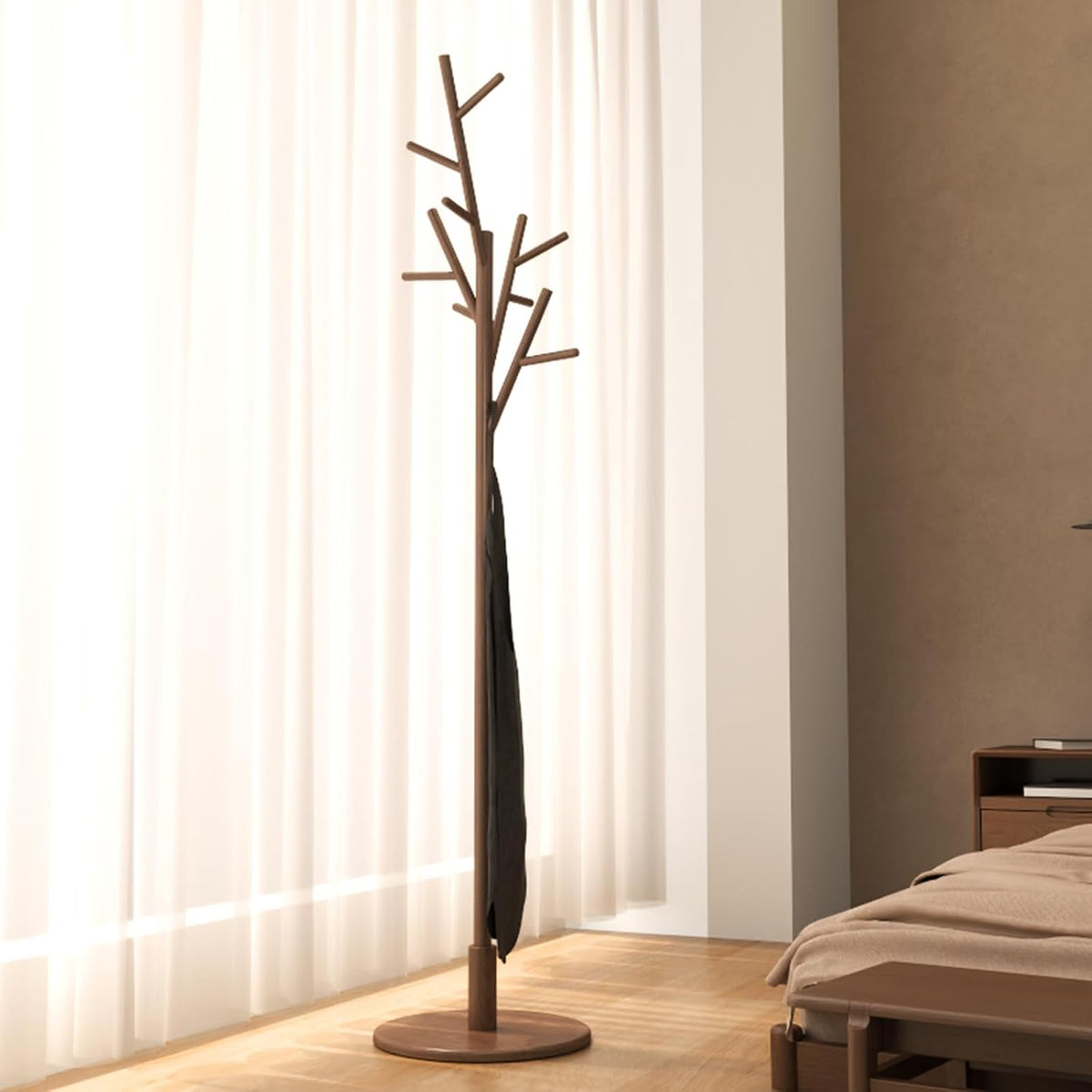 Coat Rack, Solid Wood Coat Rack Freestanding with 12 Hooks, Coat Tree Freestanding Heavy Duty 3 Adjustable Heights for Coat, Hats, Handbags, Coat Hanger Stand for Entryway, Bedroom, Walnut