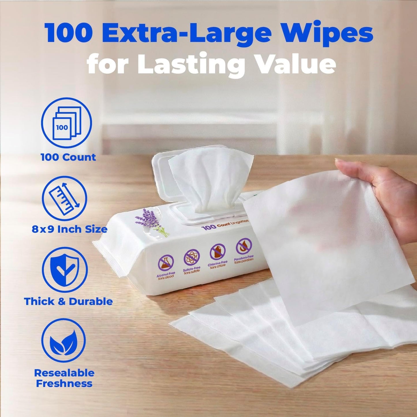 Best Pet Supplies 8" X 9" Large Dog Wipes - Cleaning and Deodorizing for Paws and Coat - Gentle Formula with Lavender Vitamin E for Puppies and Cats - 100 Count