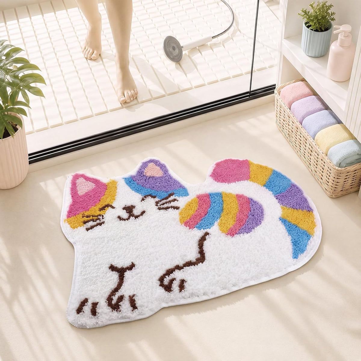 Dunzy Rainbow Cat Bath Mat Cartoon Bathroom Decor No Slip Shower Rug