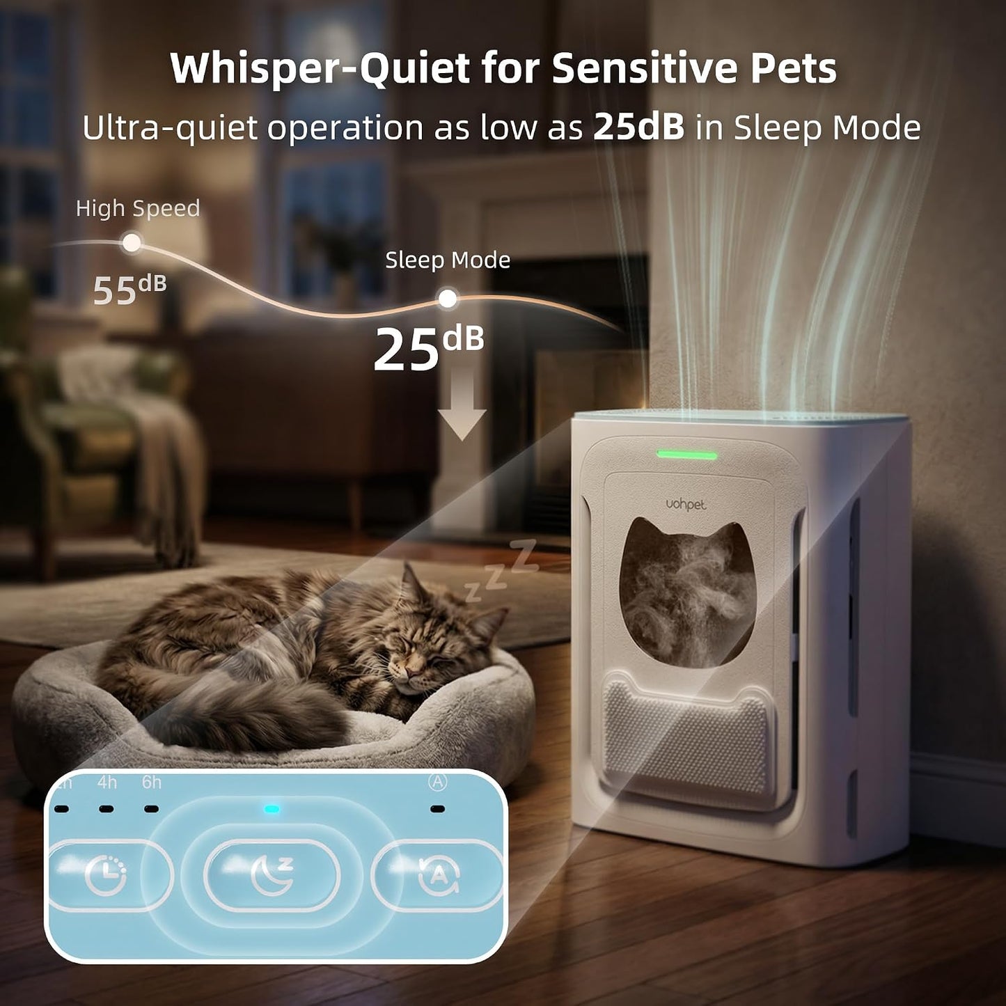Uahpet Pet Air Purifier, H13 HEPA Filter for Pet Hair, Dander & Odors, 2100 Sq Ft Coverage, Plug & Play No Wifi Required, Clog-Resistant Intake, Washable Pre Filter, Quiet 25Db