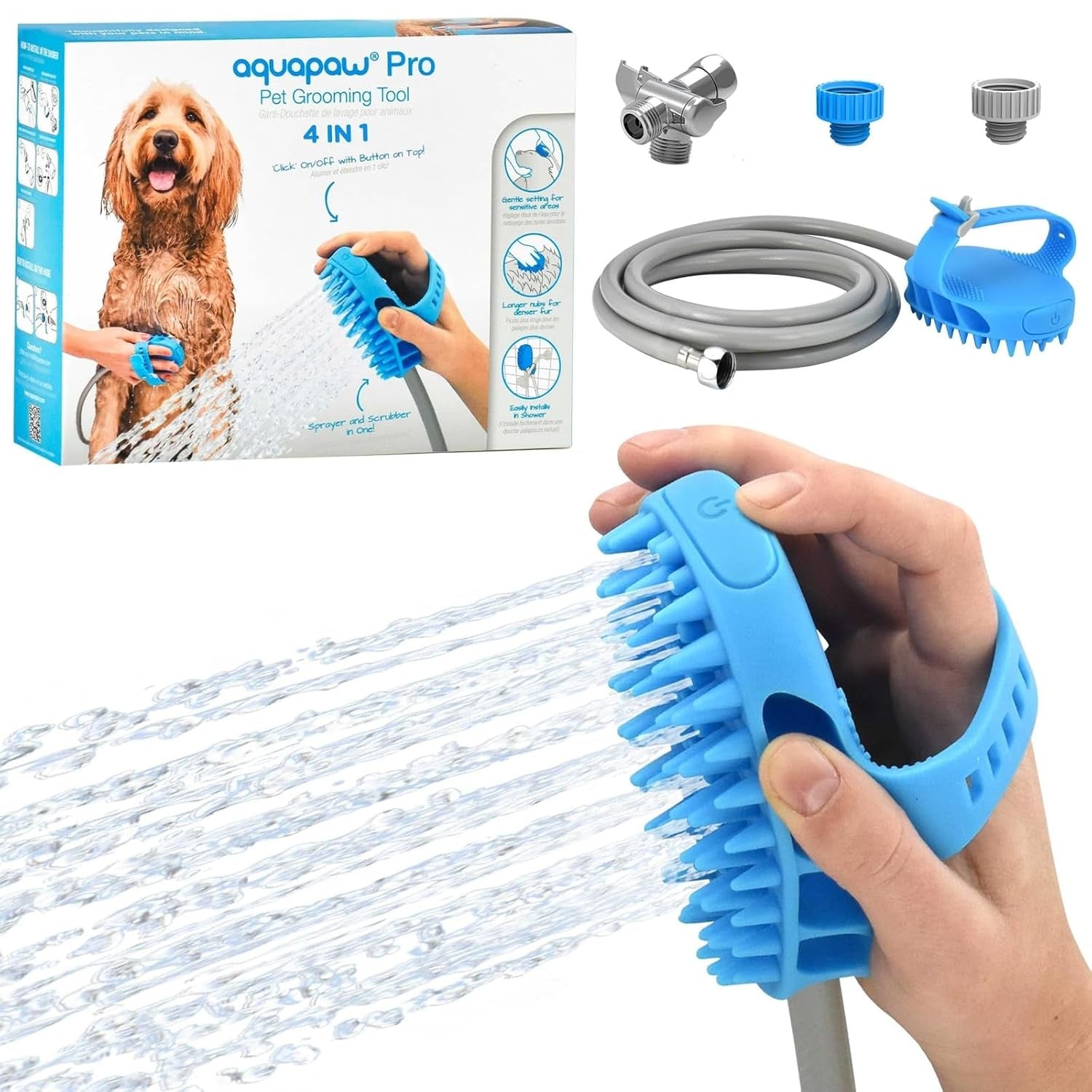 Aquapaw Dog Bath Brush Pro & Dog Shower Attachment - Large Silicone Rubber - Sprayer & Scrubber in One with 8Ft Hose Attachment & Shower Wand for Bathing - Pet Bath Supplies