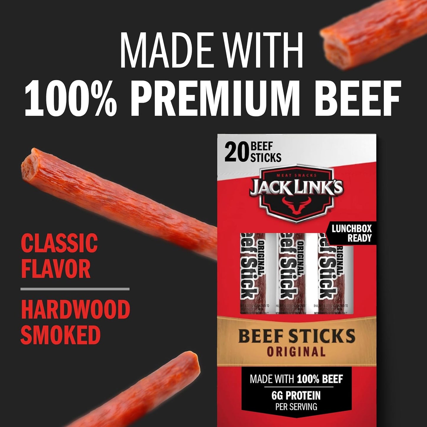 Jack Link'S Original Beef Jerky Sticks - Made with 100% Real Beef - Ready to Eat Real Meat Protein Snacks - 5G Protein per Serving - 0.92 Oz Meat Stick