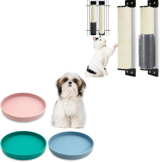 Silicone Cat Bowl Set of 3 with Cat Scratching Post Wall Mounted 2 Pack Cage Mount Cat Scratcher 2-In-1 Natural Sisal Kitty Scratch Posts with Self Groomer Massager for Scratch and Climbing