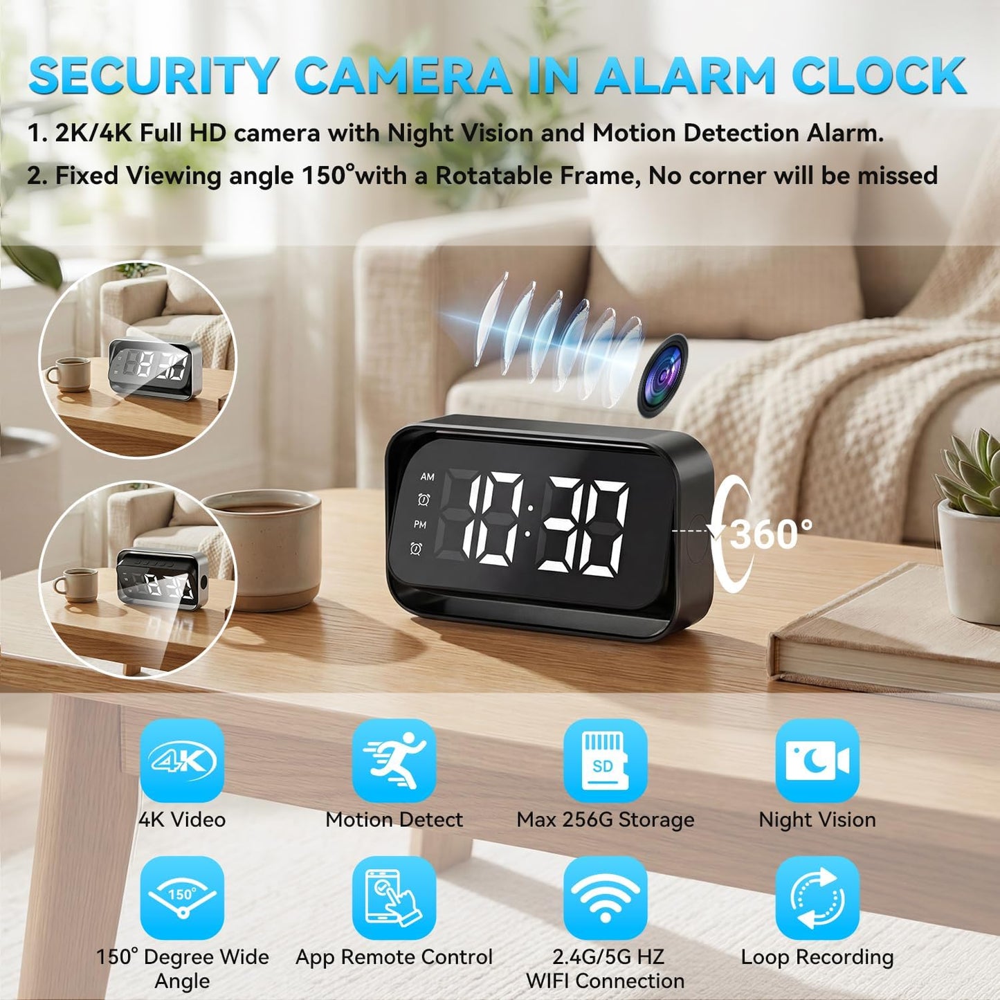 4K FHD Security Mini Camera Alarm Clock, 2.4G&5G Wifi Nanny Cam with Night Vision and Motion Detection Alert, Wide Angle Surveillance Camera for Pet Baby Monitoring, APP Remote Control by Mobile Phone