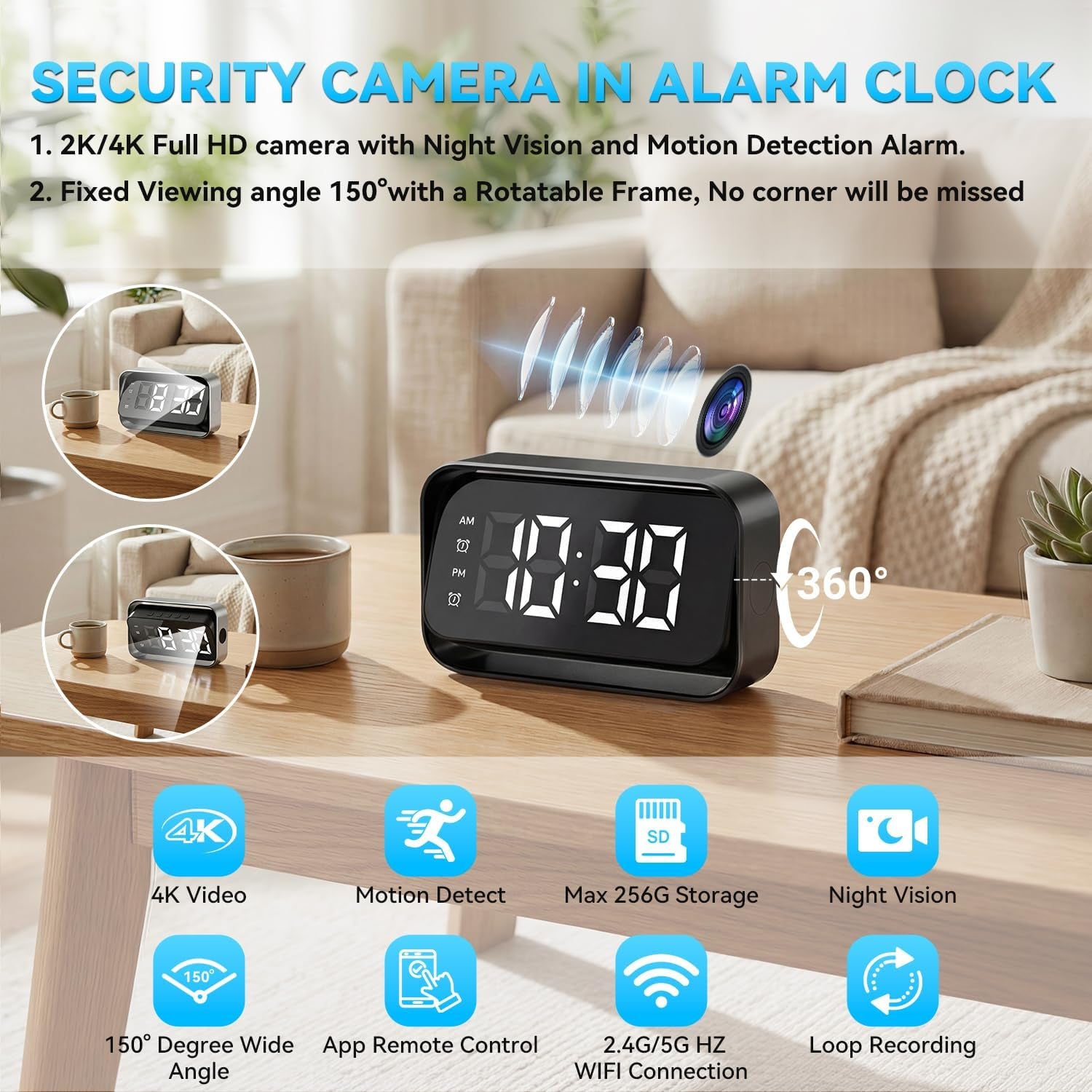 4K FHD Security Mini Camera Alarm Clock, 2.4G&5G Wifi Nanny Cam with Night Vision and Motion Detection Alert, Wide Angle Surveillance Camera for Pet Baby Monitoring, APP Remote Control by Mobile Phone