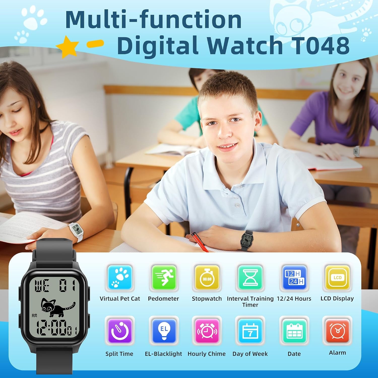 EZON T048 Digital Kids Watch for Teens Girls Boys,Sport Watch with Virtual Pet Cat Step Counter Stopwatch Pedometer Timer Alarm, No App Waterproof Fitness Tracker for Ages 7-18