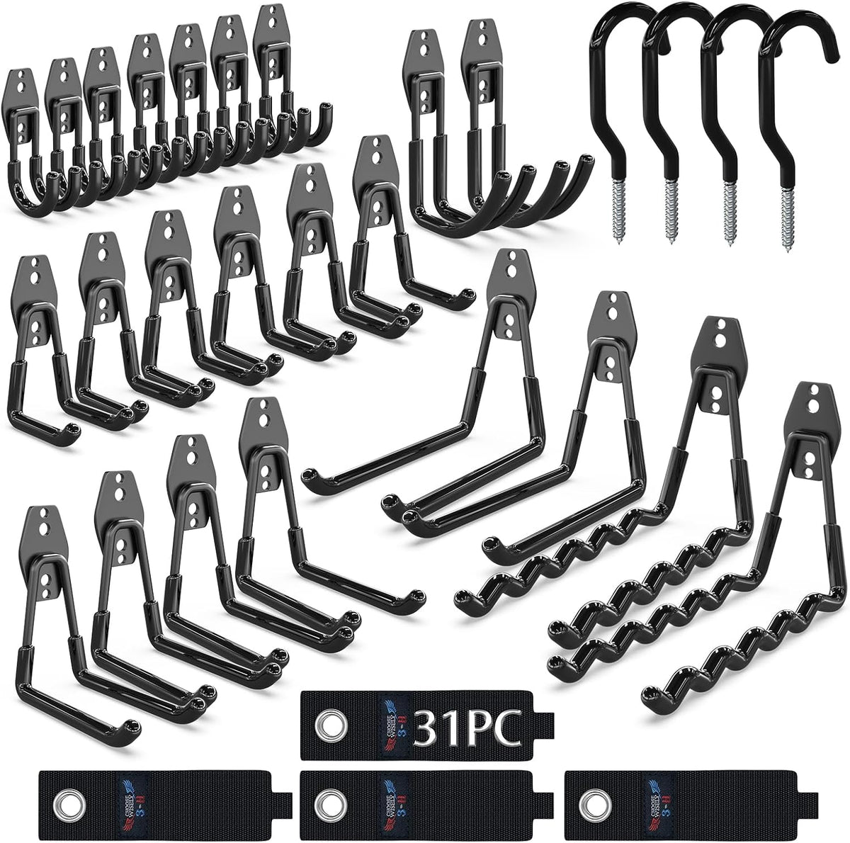 3-H Heavy Duty Garage Hooks, 31 Pack Wall Storage Organizer,Black