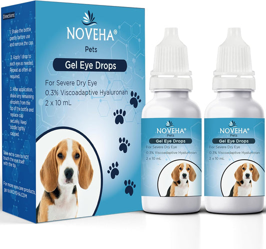 NOVEHA Pet Gel Eye Drops with 0.3% Viscoadaptive Hyaluronan | Eye Solution for Severe Dry Eyes - Long Lasting Hydration, Reduces Nuisance, Swelling & Dryness - Eye Lube for Dogs and Cats (2X10Ml)