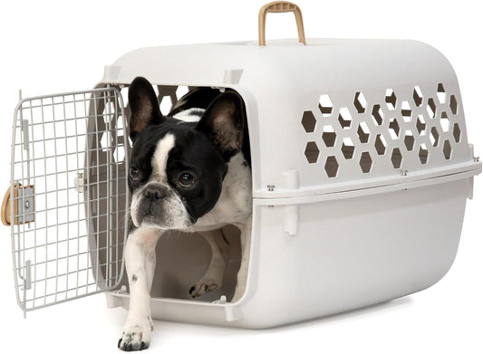 Sportpet 26” Small Front Load Hard Sided Pet Carrier Kennel – Easy Access Durable Plastic Travel Crate with Carry Handle - Dog, Cat, Rabbit, & Small Pet, Ventilated Shell for Car, Vet, & Home – Cream