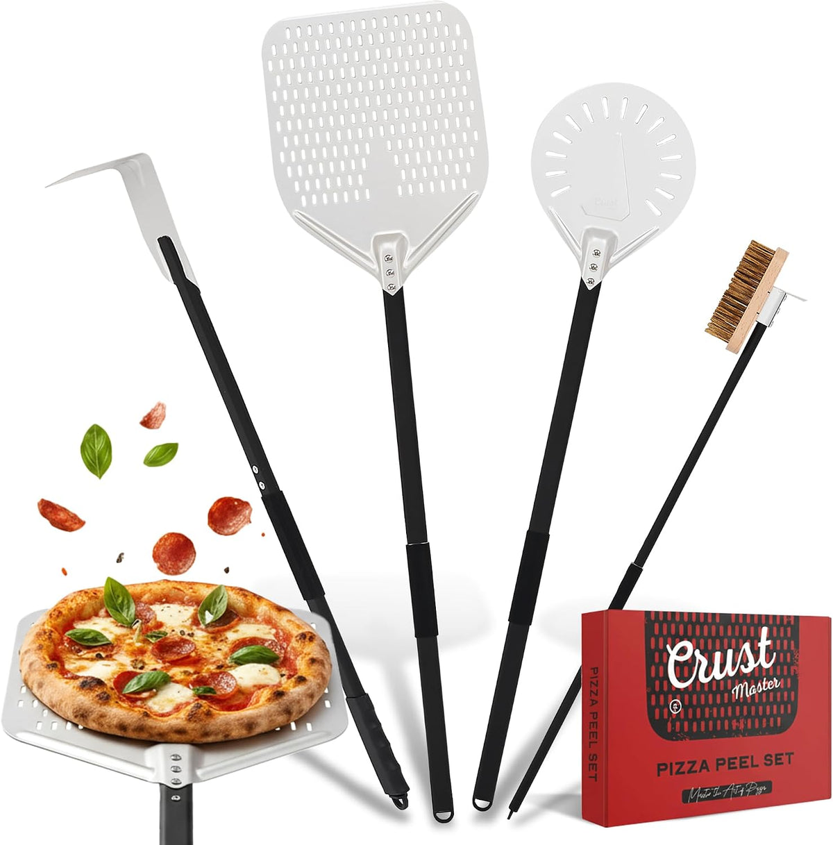 Crustmaster Pizza Peel Set - 12X14" Rectangular Peel, 9" round Turning Peel, Brass Brush, Ash Rake - Perfect Pizza Oven Accessories for Ovens & BBQ - Pizza Pan - Aluminum & Stainless Steel Tools