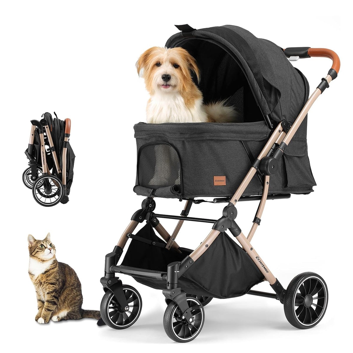 Echosmile Small Medium Dogs Stroller 4-Wheel Pet Strollers for Medium Dogs up to 50Lbs, One Click Folding Large Cat Stroller, Reversible Handle, Shock Absorbing Wheels, Removable Washable Pad