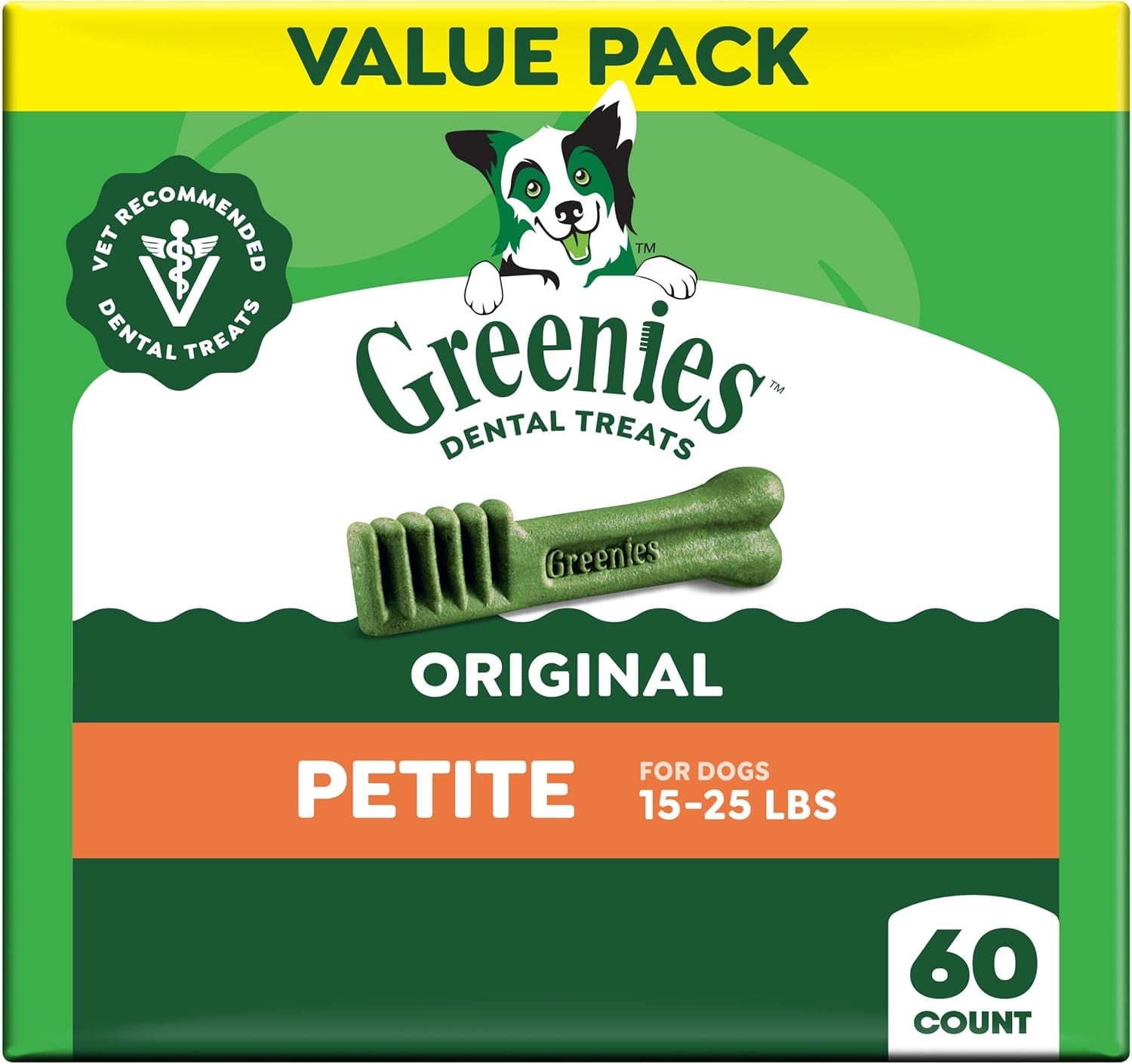 Greenies Veterinarian-Recommended Adult Natural Dental Dog Treats Petite Size, Dog Dental Chews, Original Flavor, 36 Oz. Pack, 60 Count