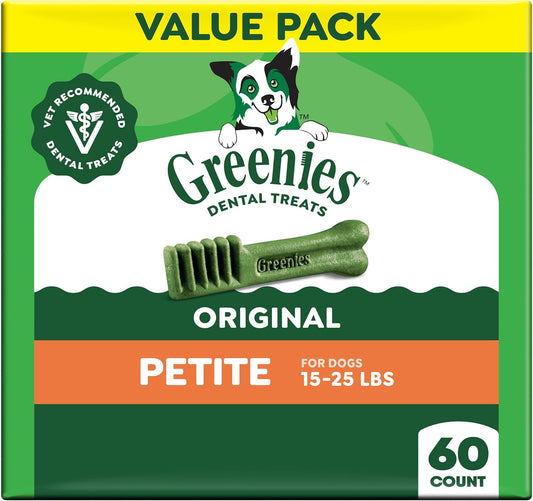 Greenies Veterinarian-Recommended Adult Natural Dental Dog Treats Petite Size, Dog Dental Chews, Original Flavor, 36 Oz. Pack, 60 Count