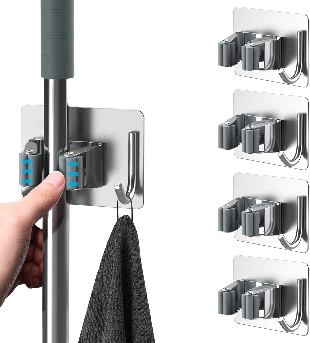 Homeasy Mop Broom Holder No Drill, Mop Broom Organizer Wall Mounted Heavy Duty with Hooks Hanger, Self Adhesive Stainless Steel 4Pcs for Bathroom, Kitchen, Office (Silver)