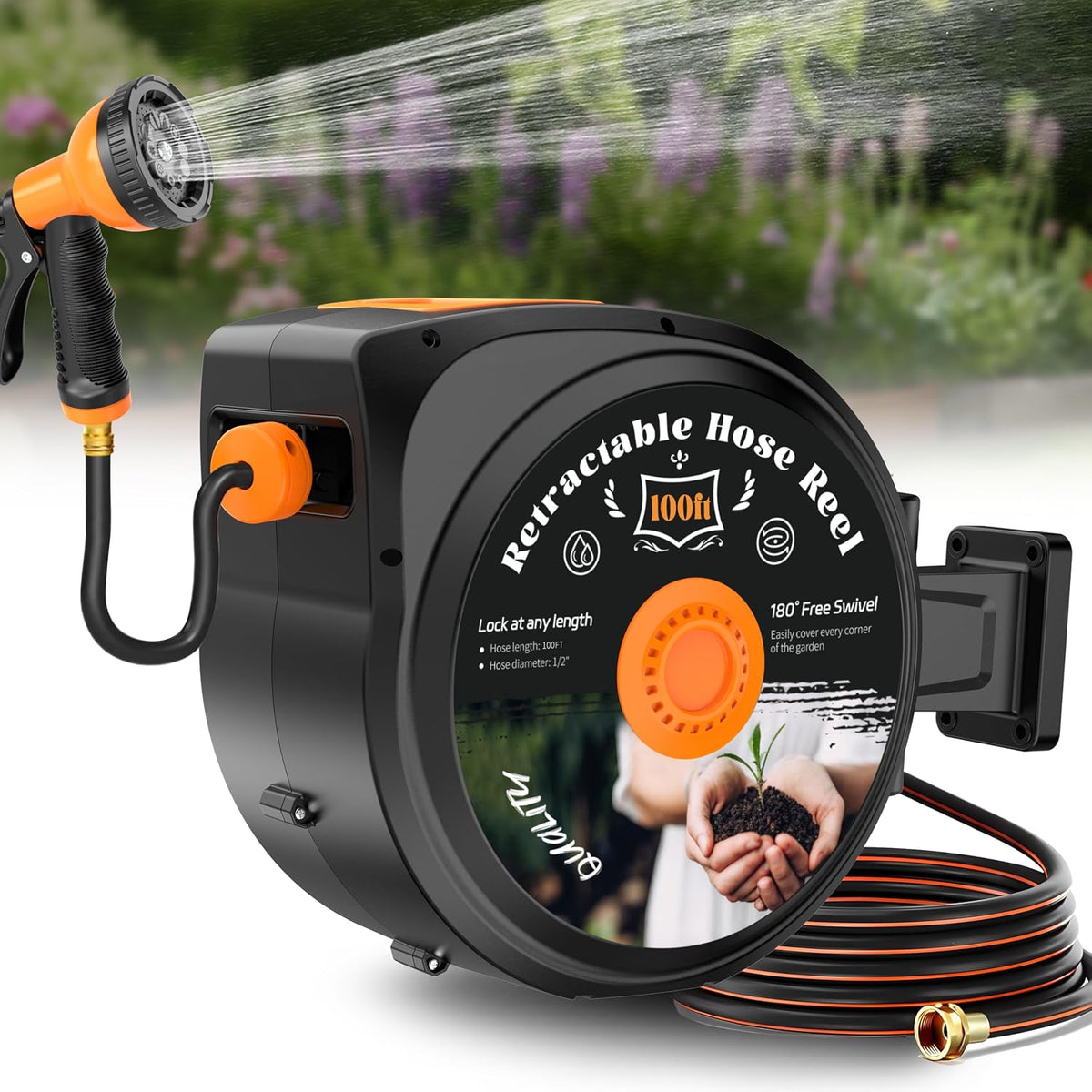 Retractable Garden Hose Reel, 1/2 in X 100 Ft Wall Mounted Hose Reel