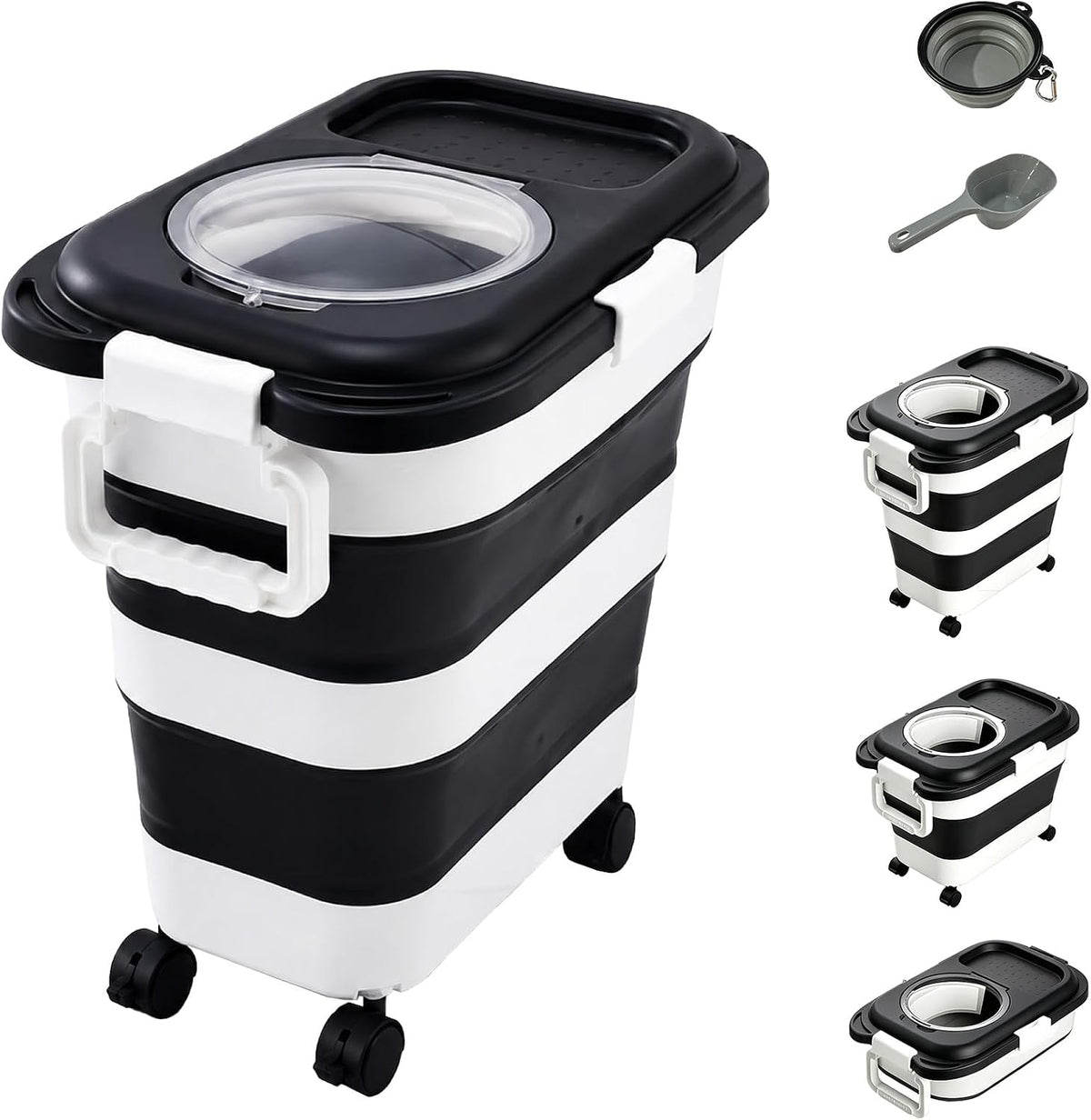 Dog Food Storage Container with Wheels, Foldable Airtight Pet Food Bin with Locking Clips and Transparent Top Lid, Space Saving Storage for Dog Food, Cat Food and Dry Pet Supplies (Black)