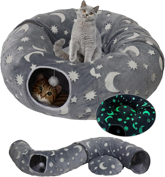 Cat Tunnel Bed for Indoor Cats with Washable Cushion Cat Cave Donut Tunnel with Fluffy Ball Big round Tube Pet Playground Toys Soft Plush Peekaboo for Kitten, Cat, Puppy, Rabbit, Ferret（Moon Star）