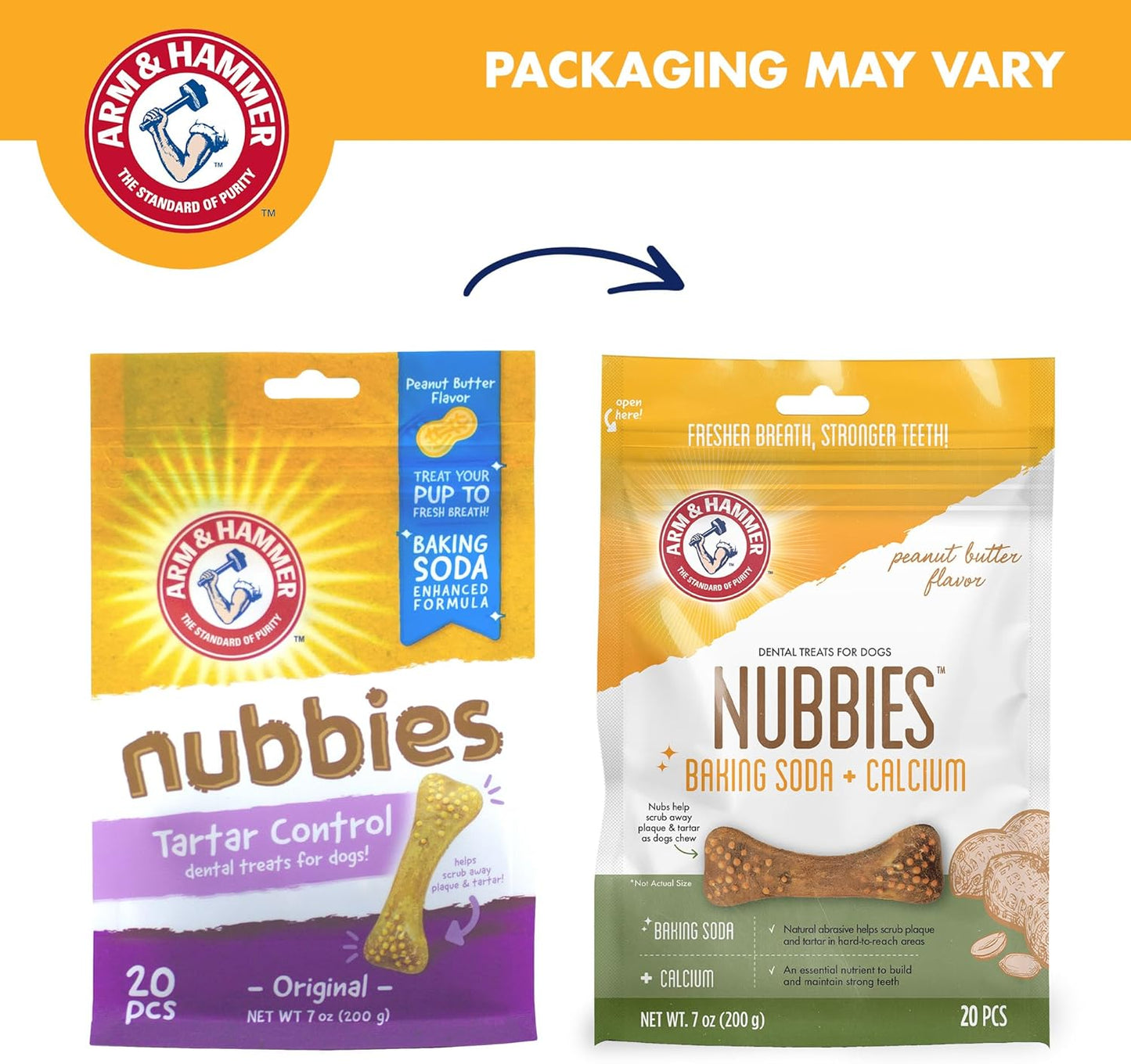 Arm & Hammer for Pets Nubbies Dental Treats Baking Soda Calcium Nubbed Texture Scrubs Plaque Tartar Peanut Butter Flavor Freshens Breath Daily Oral Care 20 Count 7 OZ Single Bag Home Dental Care