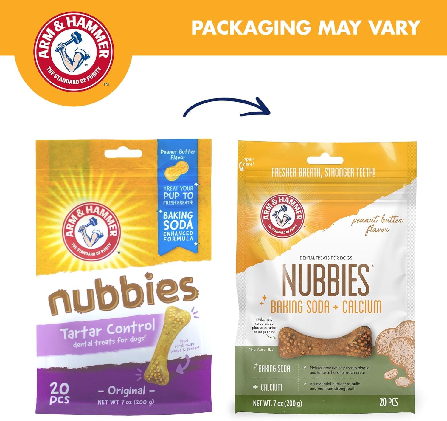 Arm & Hammer for Pets Nubbies Dental Treats Baking Soda Calcium Nubbed Texture Scrubs Plaque Tartar Peanut Butter Flavor Freshens Breath Daily Oral Care 20 Count 7 OZ Single Bag Home Dental Care