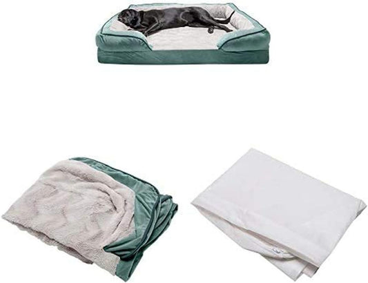 Furhaven Pet Bundle - Jumbo plus Celadon Green Cooling Gel Memory Foam Plush & Velvet Waves Perfect Comfort Sofa, Extra Dog Bed Cover, & Water-Resistant Mattress Liner for Dogs & Cats