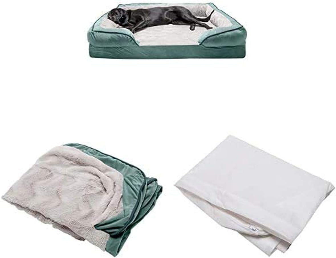 Furhaven Pet Bundle - Jumbo plus Celadon Green Cooling Gel Memory Foam Plush & Velvet Waves Perfect Comfort Sofa, Extra Dog Bed Cover, & Water-Resistant Mattress Liner for Dogs & Cats