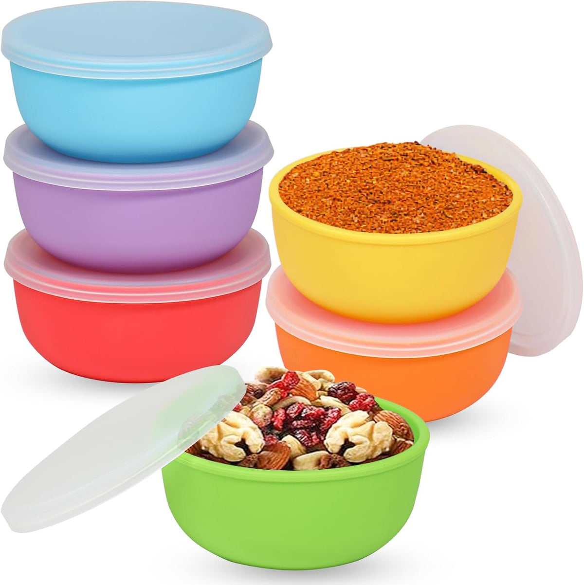KOLUTI Nonstick Silicone Pinch Bowls Set of 6, 4Oz Small Condiment Dipping Sauce Prep Bowl with Lid, Colorful Snack Serving Food Storage Mixing Containers for Side Dish, Microwave & Freezer Safe