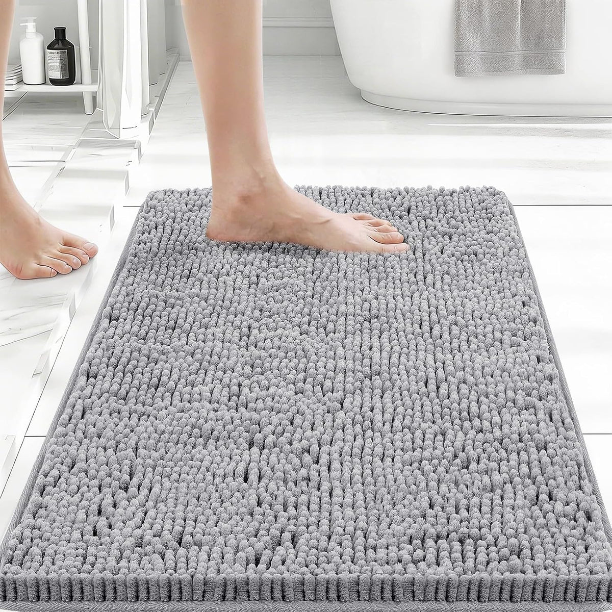 Bcoimo Small Bath Rug Mat,24X17 Chenille Non Slip Gray Bathroom Shower Mat