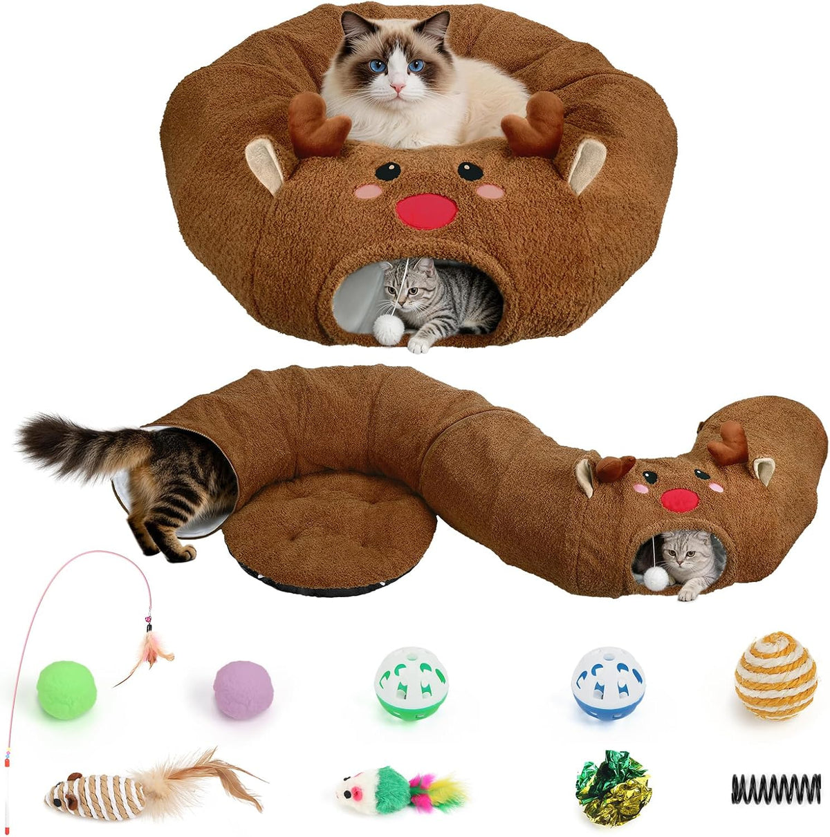 Cat Tunnel Bed, Large Cat Donut Tunnels for Indoor Cats with 10 Cat Toys