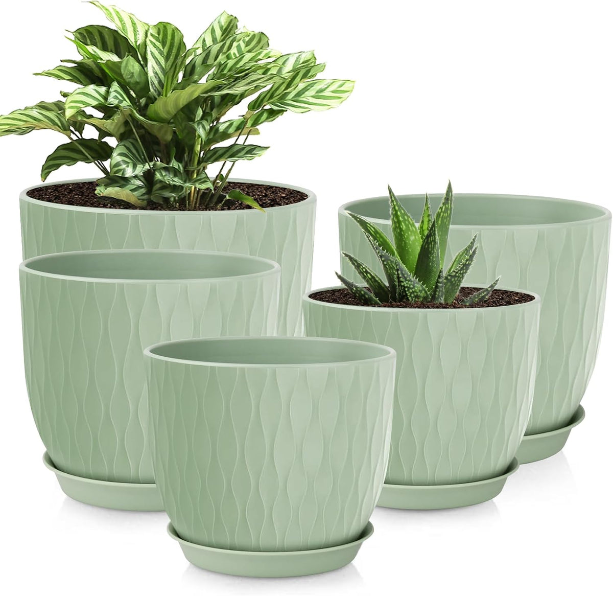 Plastic Plant Pots 10/9/8/7.5/7 Inch Set of 5, Flower Planters with Drainage Holes and Saucers, Plastic Pots for Indoor Outdoor Plants, Livingroom Garden Decor (Green)