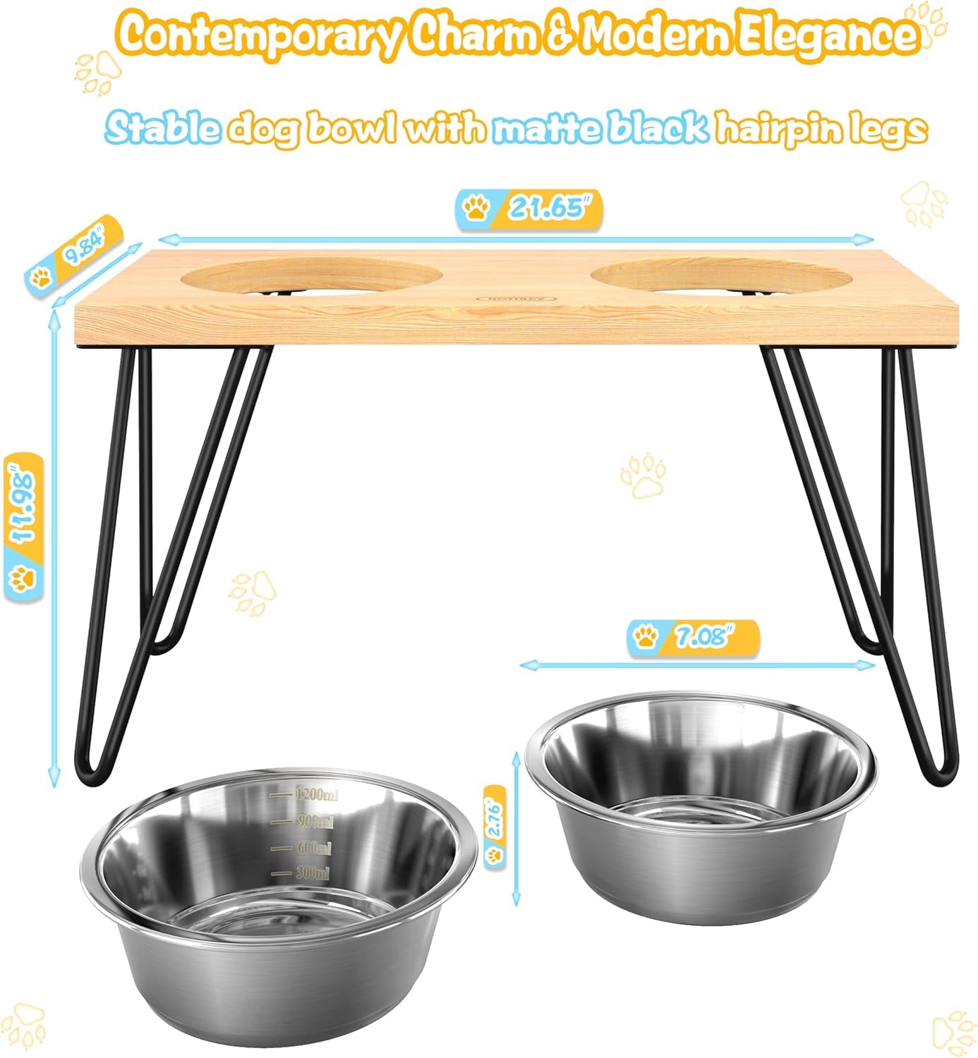 ROTHLEY Elevated Dog Bowls: Raised Dog Bowl Stand for Large Dogs Oak Wood Dog Food Stand with 2 Stainless Steel Bowl Set Aesthetic Modern Dog Feeding Table with Non-Slip Hairpin Legs for Tall Dogs