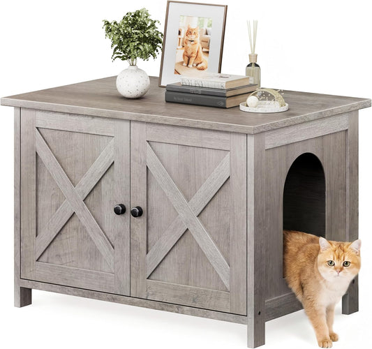 Shintenchi Cat Litter Box Enclosure, Litter Box Furniture Cabinet Hidden with Removable Divider, Wooden Cat House with End Table, Grey, 31.5 Inch
