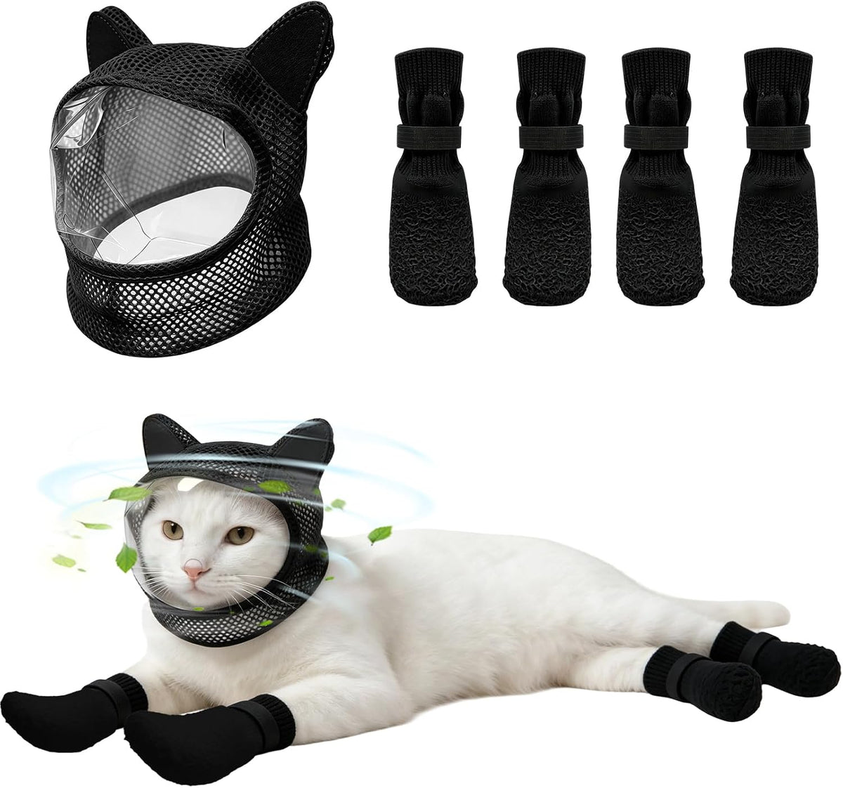 Cat Muzzle for Grooming and Nail Trimming, Breathable 360° Mesh Cat Mask with Clear Vision TPU Panel, Adjustable Anti-Bite Head Cover for Bathing & Vet Visits, Includes 4 Claw Covers（Black）
