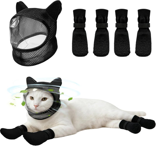 Cat Muzzle for Grooming and Nail Trimming, Breathable 360° Mesh Cat Mask with Clear Vision TPU Panel, Adjustable Anti-Bite Head Cover for Bathing & Vet Visits, Includes 4 Claw Covers（Black）