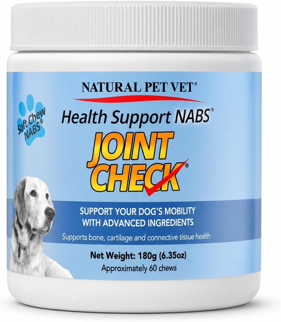 The Natural Pet Vet Joint Check Dog Joint Supplement Soft Chews with Glucosamine, MSM, Chondroitin, Turmeric, Boswellia & Collagen for Joint Health and Mobility Support, 60 Count