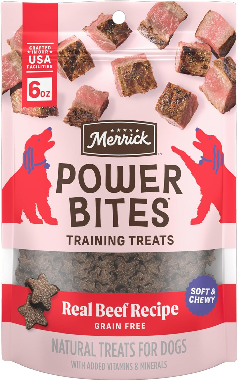 Merrick Power Bites Natural Soft and Chewy Real Meat Dog Treats, Grain Free Snack with Real Beef Recipe - 6 Oz. Bag