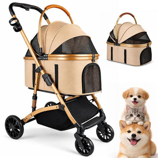 Dog Cat Stroller, Detachable Carrier for Pets up to 50 Lbs, Khaki