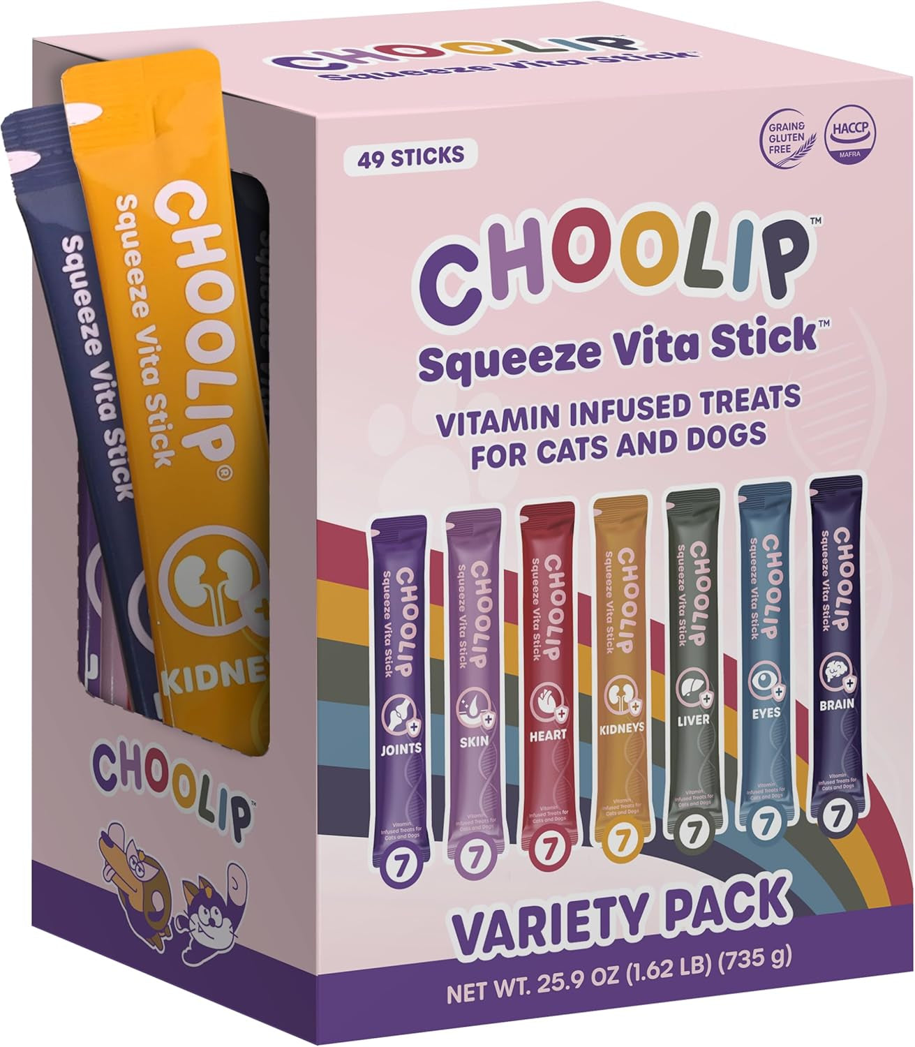 Choolip Squeeze Vita Stick Lickable Cat and Dog Treats - 49-Count Variety Pack - Real Meat Puree with Multivitamins for Total Pet Wellness - Grain-Free, Moisture, Vet-Formulated