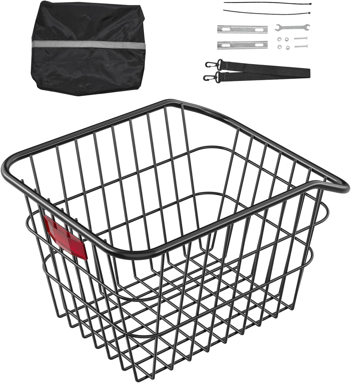 VEVOR Rear Bike Basket, Metal Wire Bicycle Basket with Reflective Tail Light & Waterproof Cover, Durable Bike Back Basket, Fits to Most Rear Bike Racks