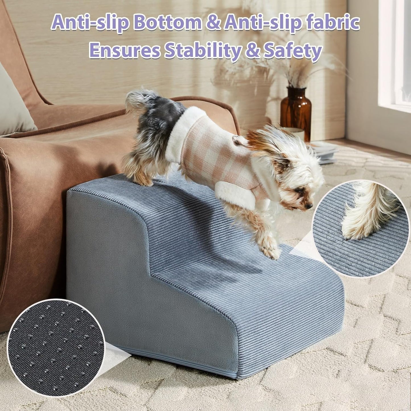 LEXTRO Dog Stairs for Small Dogs, 2-Steps Dog Ramp for Couch, Pet Stairs with Highly Supportive Foam and Non-Slip Bottom, Pet Steps for Cat & Doggie (High 11.8 Inch)