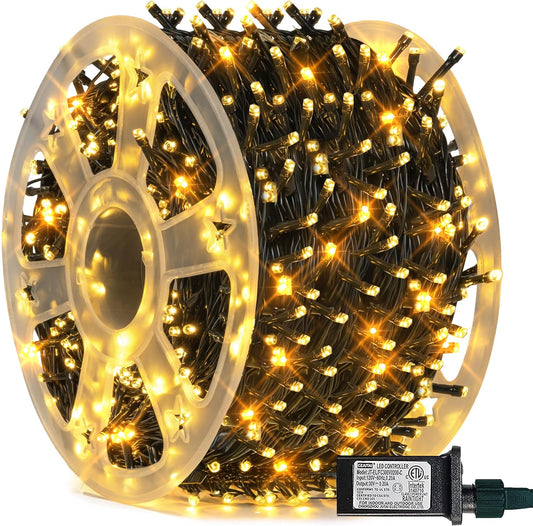 FUNPENY 164FT 500 LED Christmas Indoor Outdoor Decorative String Lights, 8 Modes Waterproof Green Wire LED Fairy Light for Christmas Party Wedding Garden Home Decoration (Warm White)