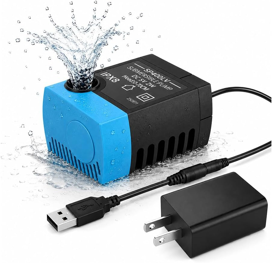 SP-400LV USB Water Fountain Pump with Power Adapter - Quiet Submersible Replacement for Butterfly, Ceramic, Stainless Steel Pet Fountains & 360° Dog Cat Water Dispensers