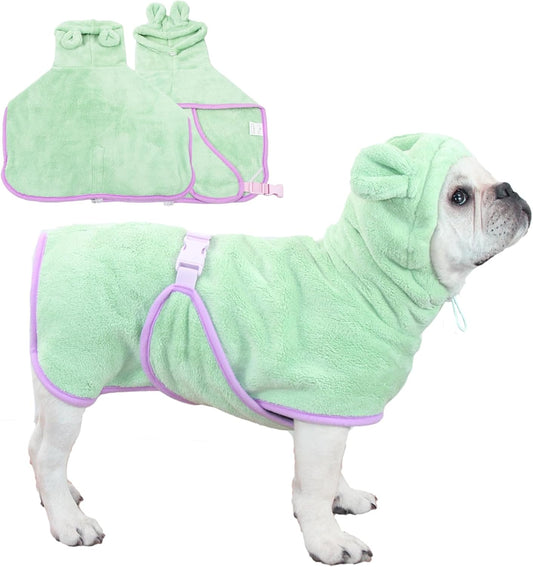 Pet Bathrobe for Dog Cat Absorbently Quick Drying Coat Cute Dogs Bath Towel Hooded Robe Adjustable Collar & Belly Strap for Pool Beach (Green, X-Small)