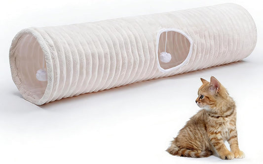 Luxurious Cat Tunnel,43" Straight Cat Tunnel Toys with Balls for Indoor,Collapsible Peekaboo Cave for Kitten （White Stripe）