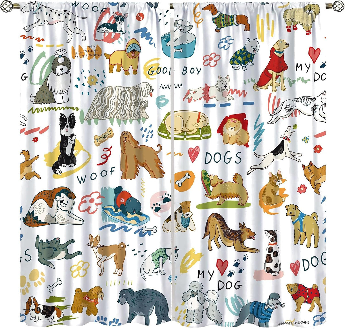 Dog Curtains for Bedroom,Cartoon Funny Quirky Cute Dog Bone Paw Prints Different Kinds of Loyal Pet Dogs Dogs Window Drapes Print for Boys Girls Living Room Dog House 42X45In（No Blackout）