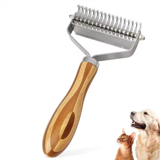 2-In-1 Pet Dematting&Deshedding Undercoat Rake with Bamboo Handle