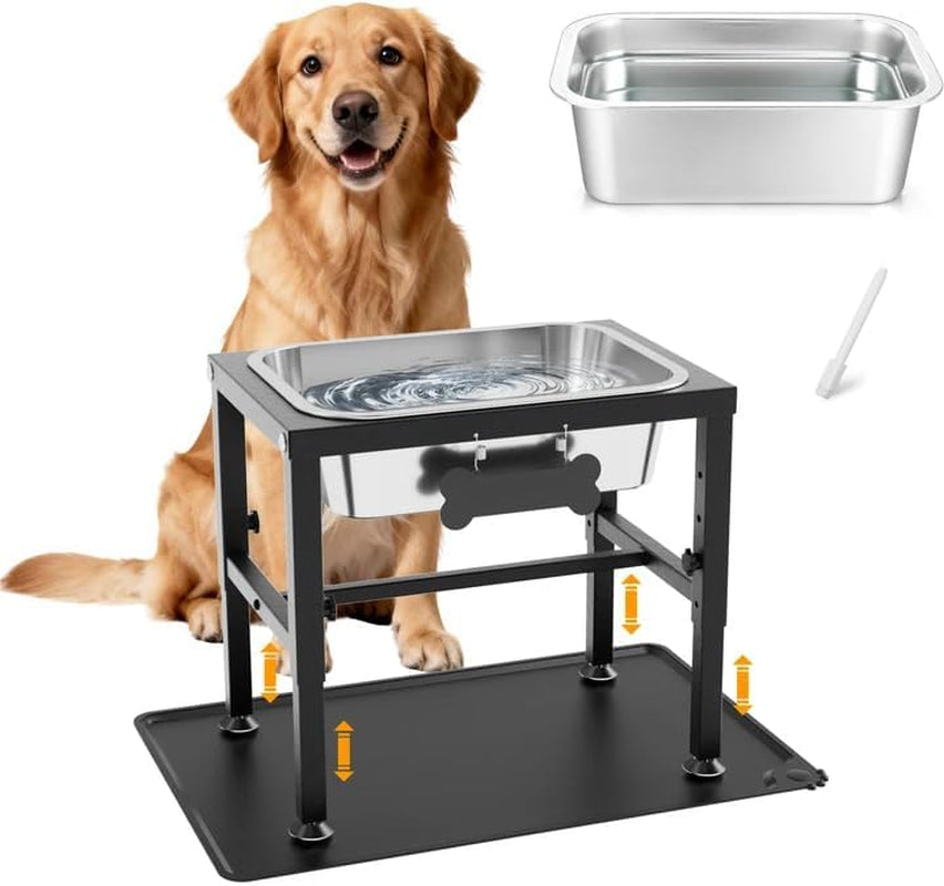 2 Gallon Elevated Dog Water Bowl for Large Dogs with Spill-Proof Mat, 4-Height Adjustable Raised Dog Water Bowl Stand (9.4-14.2'') with Stainless Steel Bowls for Indoor/Outdoor