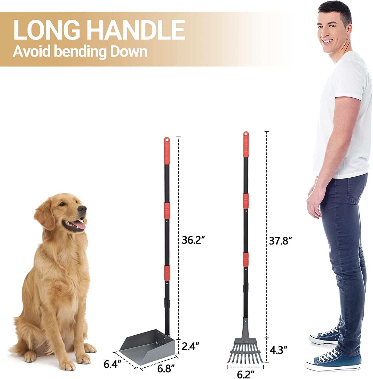 Heeyoo Dog Pooper Scooper, Dog Poop Tray and Rake Set, Pet Waste Removal Scoop with Long Adjustable Sectional Stainless Handles | Pet Waste Removal Scoop with Adjustable Sectional Handles