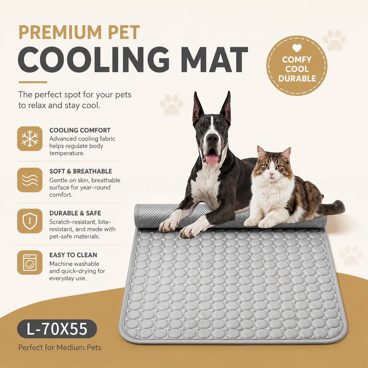 Pawlab Dog Cooling Mat – Reusable Pet Cooling Pad for Large Dogs, Summer Cooling Bed for Dogs & Cats, Portable Self Cooling Mat for Crates, Kennels & Outdoor Use, Gray,Large