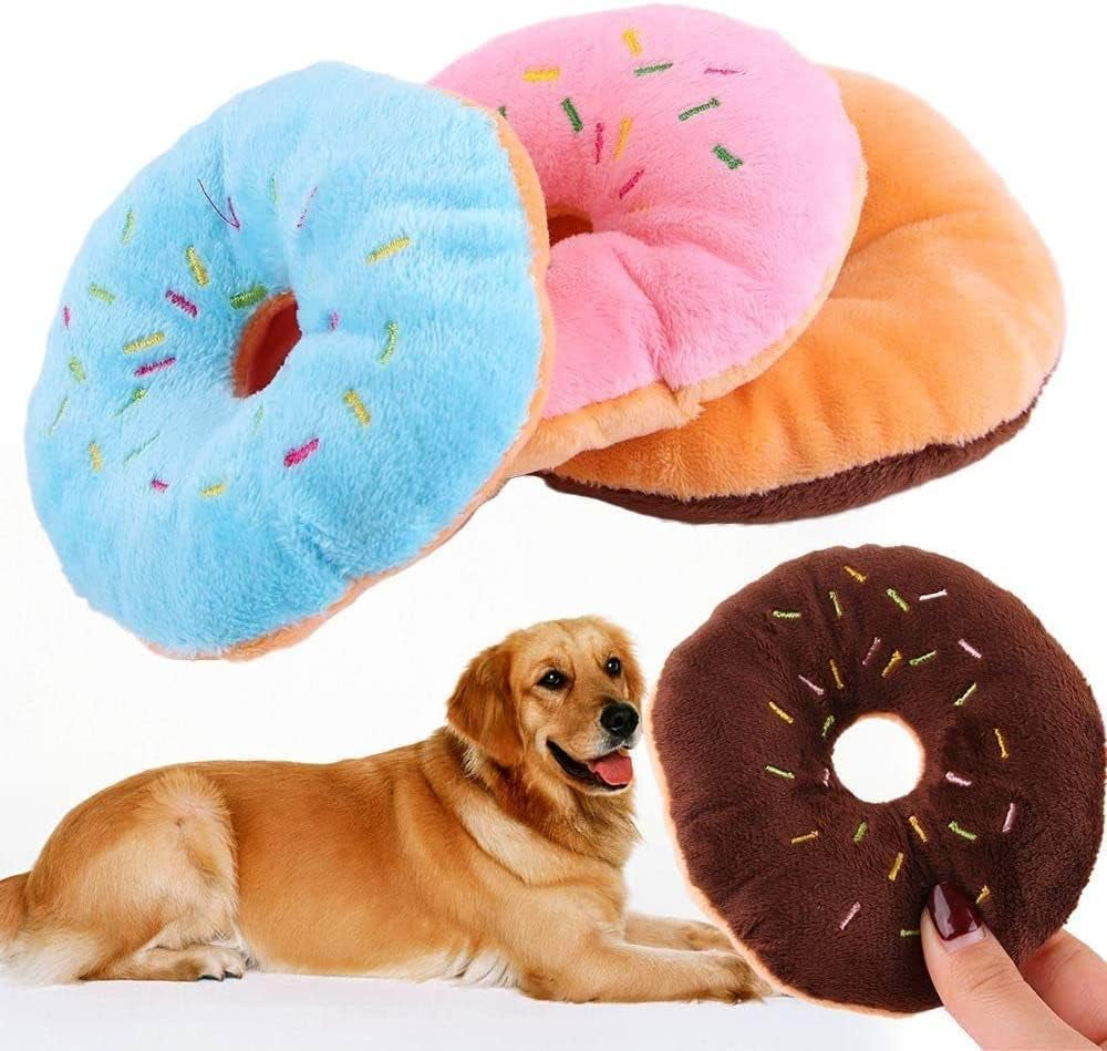 Jinshining 4 Pcs Donut Shape Plush Blue Pet Toy,Lovely Donut Shaped Squeaky Squeaking Sound for Pet Chew Toy Squeaky Plush Dog Toy Blueberry Chew Guard Technology Dog Squeak